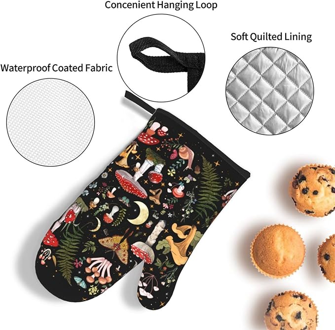 Mushroom Oven Mitts and Pot Holders Sets, Heat Resistant Black Hot Pads Witchy Oven Gloves for Cooking Grilling Baking Kitchen Decor Aesthetic, Witchy Gifts for Women,Mushroom Gifts for Women - Image 5