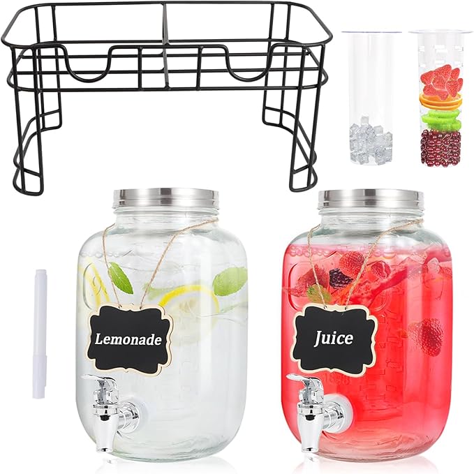 1 Gallon Glass Drink Dispensers For Parties-Set of 2,Drink Dispenser with Fruit Infuser & Stand,Juice or Beverage Dispenser for BBQ, Picnic, Party,Laundry Detergent Dispenser - Image 9