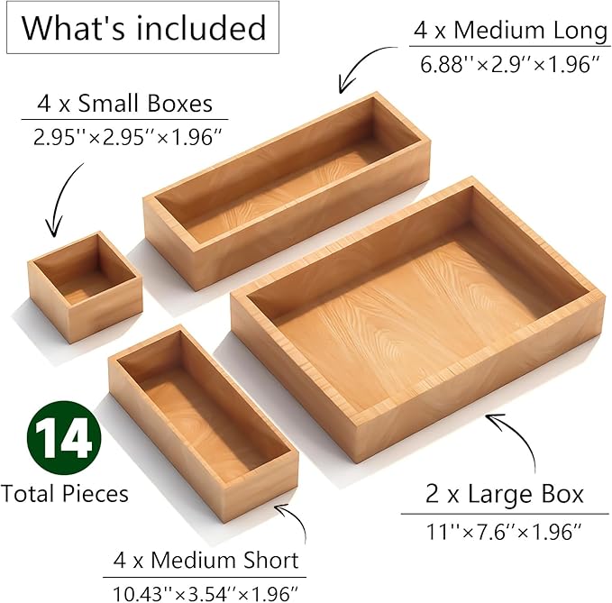 Bamboo Drawer Organizer 14 Pcs for Kitchen Multi-purpose Storage Dividers for Kitchen, Office, Jewelry, Cosmetics, Wooden Drawer Dividers for Drawer Organizer Desk Organizer Gift for Women Gifts Idea - Image 2