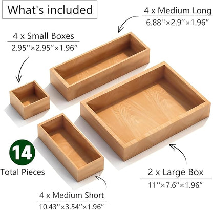 Bamboo Drawer Organizer 14 Pcs for Kitchen Multi-purpose Storage Dividers for Kitchen, Office, Jewelry, Cosmetics, Wooden Drawer Dividers for Drawer Organizer Desk Organizer Gift for Women Gifts Idea - Image 2