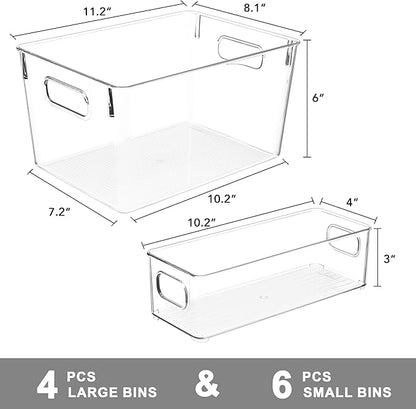 Tiawudi Set of 10 Clear Plastic Storage Bins, 4 Large and 6 Small Stackable Storage Containers for Pantry Organization, Organizer Bins for Home, Kitchen, Bathroom, Office, Cabinet Shelf Organizers - Image 2