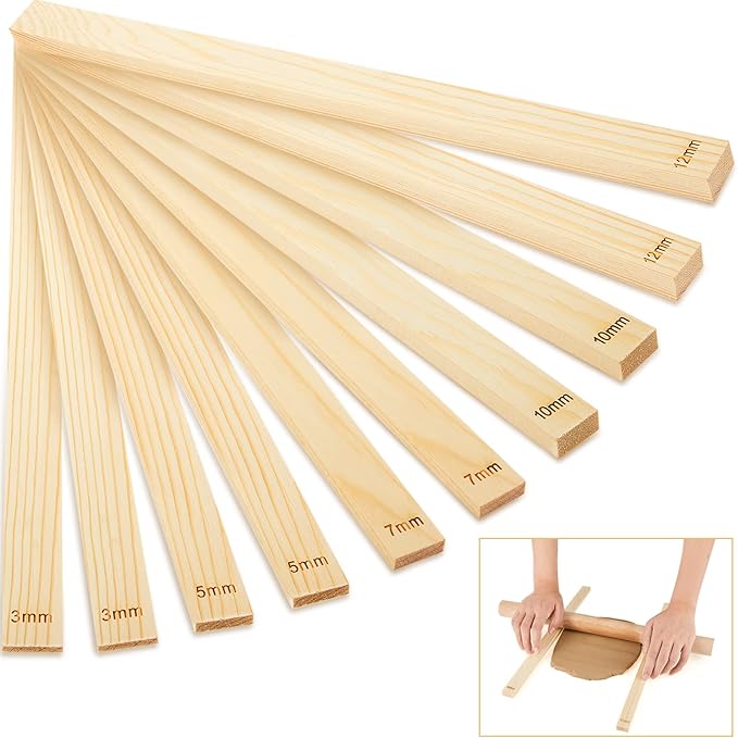 Sasylvia 10 Pcs Pottery Rolling Pin Guides Wood Teaching Rolling Mud Stick Guide Set Polymer Clay Depth Guide Pottery Tools Clay Mudboard Tools (5 Size,Wood Color) by Sasylvia