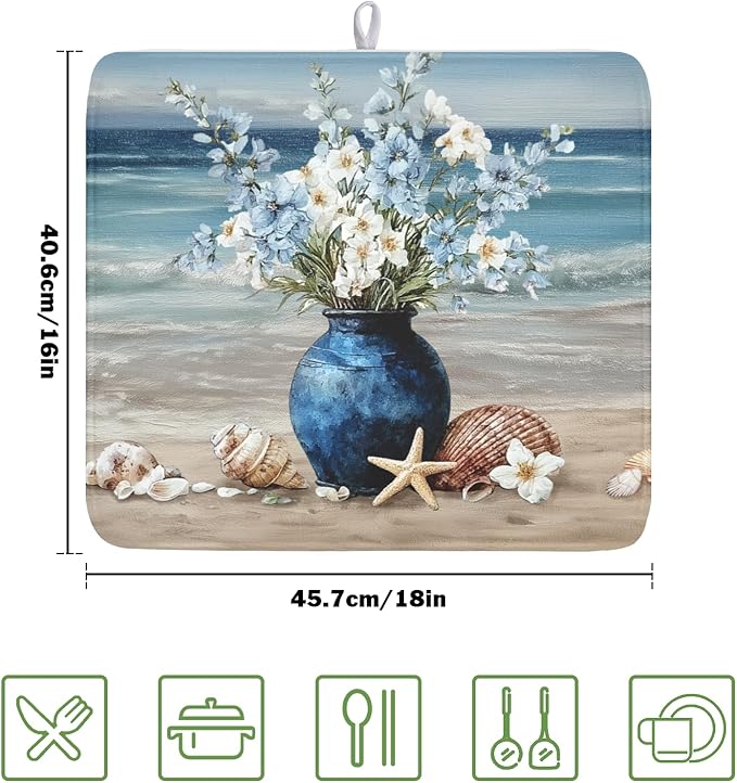 Summer Beach Dish Drying Mat for Kitchen Counter Nautical Coastal Blue Ocean Vase Floral Seashells Microfiber Dish Drainer Mat Absorbent Washable Drying Pad 16"x18"