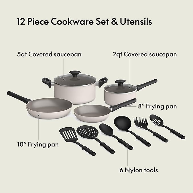 bella 12 Piece Cookware Set with EverGood™ Ceramic Nonstick Coating​, Dishwasher & Oven Safe, All Stovetops Compatible, Tempered Glass Lids and Cool Touch Handles, Oatmilk - Image 3