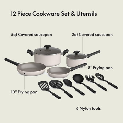 bella 12 Piece Cookware Set with EverGood™ Ceramic Nonstick Coating​, Dishwasher & Oven Safe, All Stovetops Compatible, Tempered Glass Lids and Cool Touch Handles, Oatmilk - Image 3