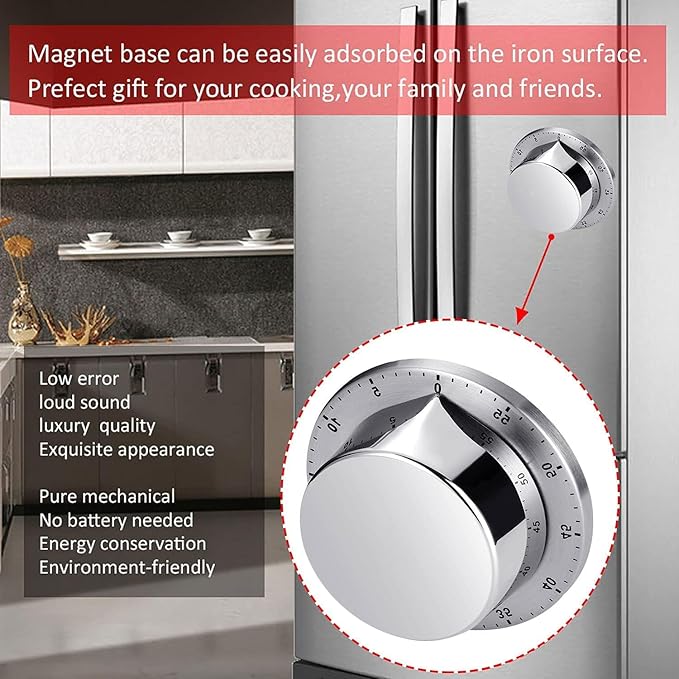 Kitchen Timers for Cooking, Chef Cooking Timer Clock with Loud Alarm - Magnetic Backing 100% Mechanical Desk Timer - No Batteries Required, Countdown Reminder Magnetic - Exquisite Stainless Steel Body - Image 5