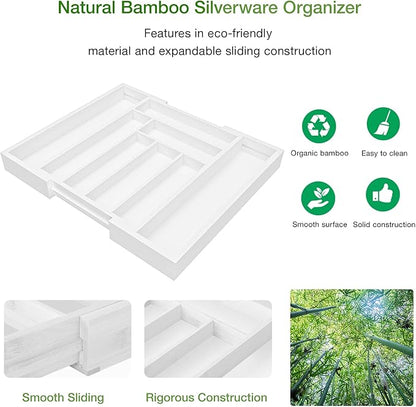 Pipishell Bamboo Expandable Drawer Organizer for Utensils Holder, Adjustable Cutlery Tray, Wood Drawer Dividers Organizer for Silverware, Flatware, Knives in Kitchen, Bedroom, Living Room (White) - Image 5