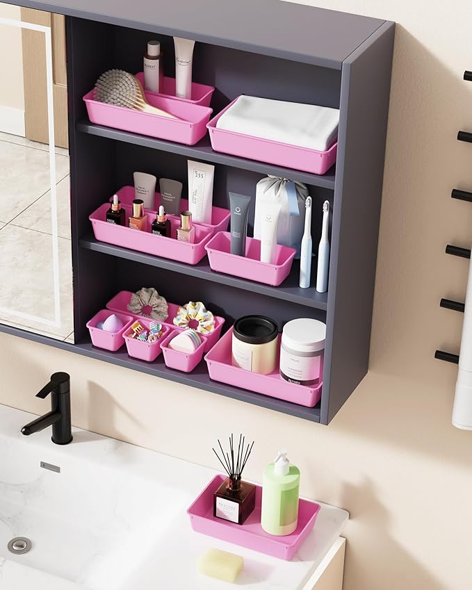 BiuLeon 25 PCS Plastic Drawer Organizers Set, 4-Sizes Vanity and Makeup Organizer, Desk and bathroom Drawer Organizer Trays, Organizers and Storage for Makeup, Jewelry, Gadgets, Utensils(Light Purple) - Image 6