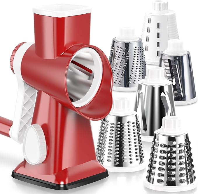 KEOUKE Rotary Cheese Grater Pro 6 in 1 - Shredder Crinkle Slicer Grinder Ice Shaver, Stable Suction, Time-saving Easy Use & Clean, Safe Morden Kitchen Tool for Cheese, Vegetable, Nuts, Chocolate by KEOUKE