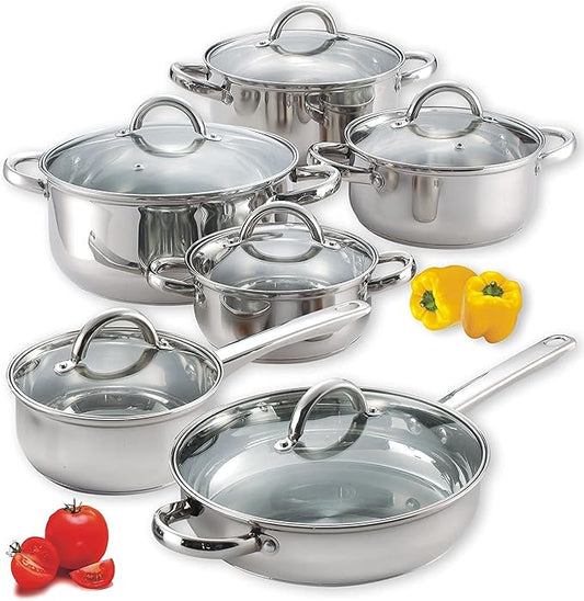 Cook N Home Kitchen Cookware Sets, 12-Piece Basic Stainless Steel Pots and Pans, Silver by CookNHome