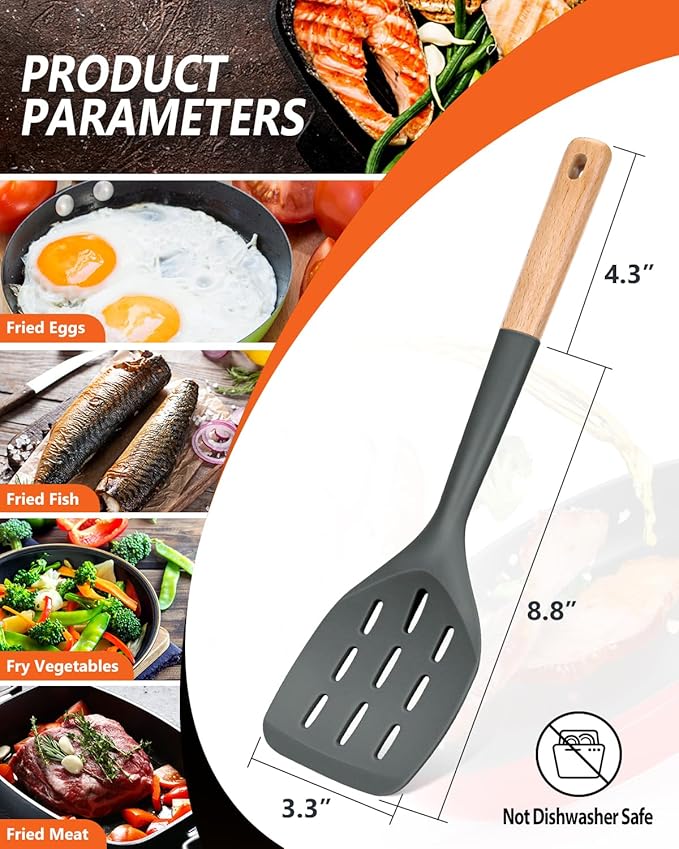 Pack of 2 Silicone Spatula, Non Stick Cooking Utensil Set Wooden Handle Kitchen Turner for Baking Mixing Grilling Serving Food Heat Resistant Non Scratch Hooks Included (Grey) - Image 3