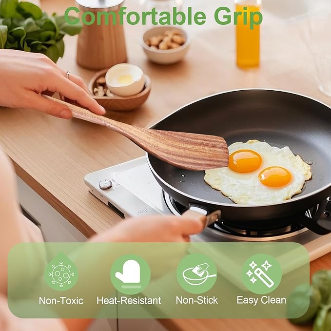 2 Pack Wooden Spatula, Acacia Wood Long Handle Flat Frying Turner, Handmade wooden spoons for cooking, Kitchen Utensil set, Non-Stick Cooking Spurtle Utensils for kitchen use - Image 2