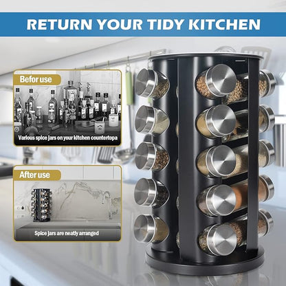 Tianifa Black Countertop Revolving Spice Rack, Empty 20-Jars Rotating Spice Rack Organizer, Round Carousel Tower, 135 Spice Labels with Funnel Complete Set, for Kitchen Countertop, Cabinet - Image 3