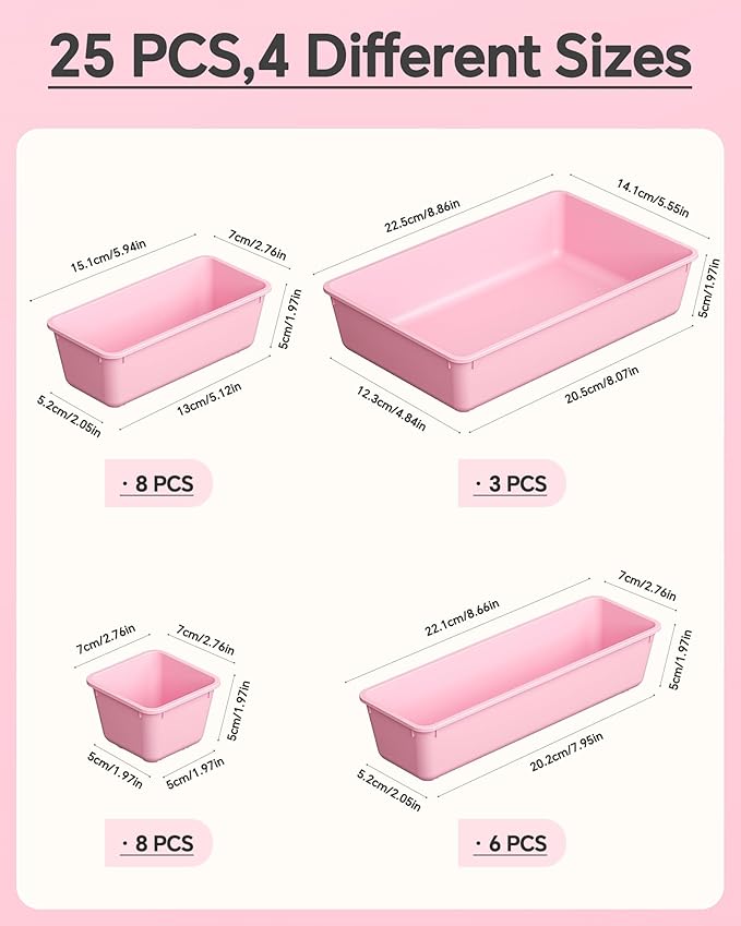 KEMETHY 25 PCS Plastic Drawer Organizers Set, 4 Sizes Vanity Organizer, Makeup and Desk Drawer Organizer Trays, Organization and Storage for Makeup, Bathroom, Kitchen Utensils and Office (Pink) - Image 2