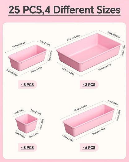 KEMETHY 25 PCS Plastic Drawer Organizers Set, 4 Sizes Vanity Organizer, Makeup and Desk Drawer Organizer Trays, Organization and Storage for Makeup, Bathroom, Kitchen Utensils and Office (Pink) - Image 2