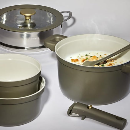 CAROTE Ceramic Saucepan Set 5.5QT/3QT/2QT，Nonstick Cooking Pots Set with Detachable Handles，Non-toxic Stock Pots with Lid，Induction Comptable，PFAS and PFOA Free，Olive Green - Image 7