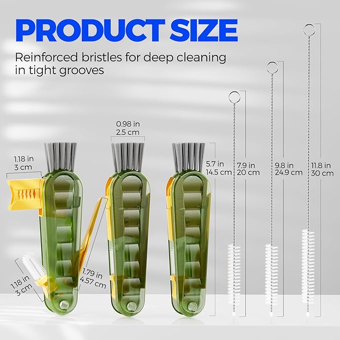 6 Pack Holikme 4 in 1 Cup Lid Cleaning Brush Set with 3 Straws, Multifunctional Bottle Brush, Silicone Cup Lid Gap Cleaner, Durable Bristle Crevice Cleaning Brush, Olive - Image 7