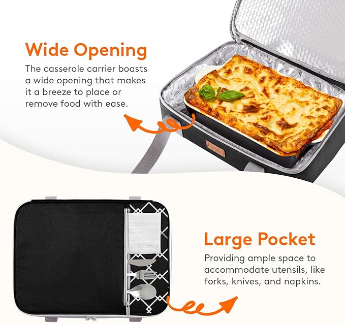 Lifewit Insulated Double Decker Casserole Carrier, Expandable Lasagna Lugger Tote Bag for Hot or Cold Food, Fits 9" x 13" Baking Dish for Potluck Parties, Picnic and Cookouts, Black-Geometric