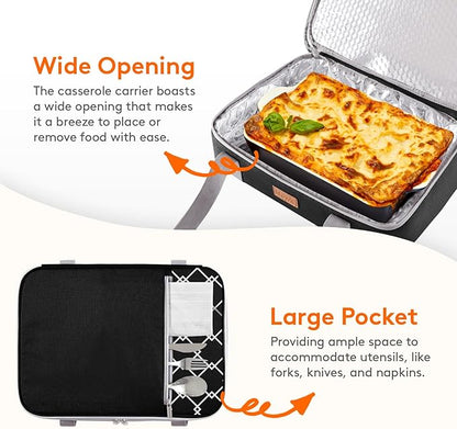 Lifewit Insulated Double Decker Casserole Carrier, Expandable Lasagna Lugger Tote Bag for Hot or Cold Food, Fits 9" x 13" Baking Dish for Potluck Parties, Picnic and Cookouts, Black-Geometric