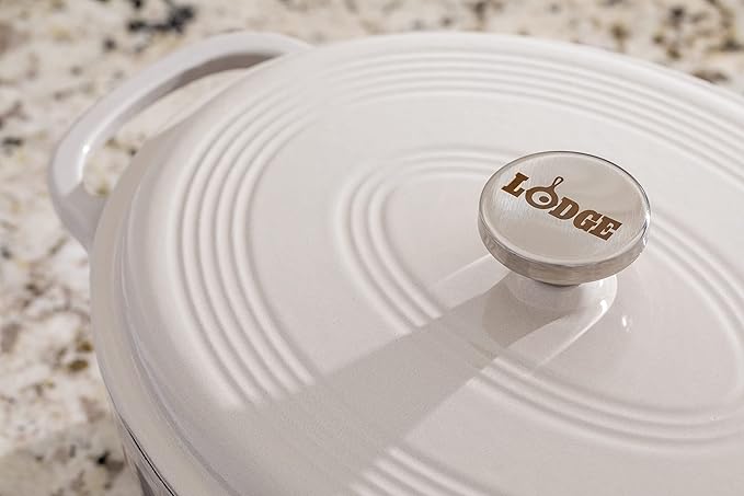 Lodge 7 Quart Enameled Cast Iron Oval Dutch Oven with Lid – Dual Handles – Oven Safe up to 500° F or on Stovetop - Use to Marinate, Cook, Bake, Refrigerate and Serve – Oyster White - Image 6