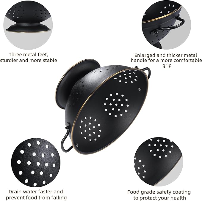 Metal Colander Set of 2, Strainer Basket with Handles perfect for Spaghetti, Pasta, Berry, Vegetable, Fruit, Solid Base Powder Coated Self-draining Kitchen Colander Bowel, 3.5 & 5 Qt, Matte Black - Image 5