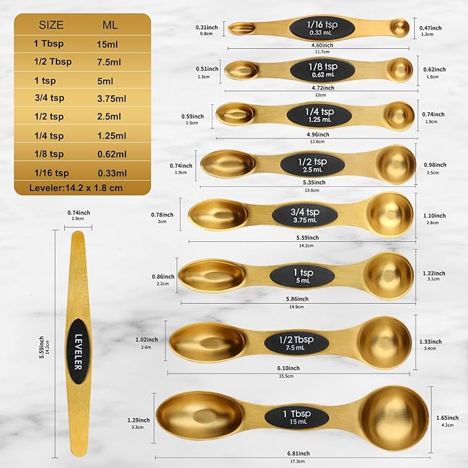 Gold Magnetic Measuring Spoons Set Stainless Steel with Leveler, Dual-Sided Stackable Metal Measuring Spoons for Baking & Cooking, Fits in Spice Jars, Heavy Duty Kitchen Gadgets, 8 Spoons & 1 Leveler - Image 2