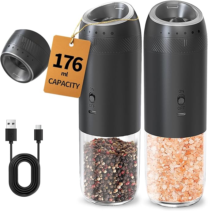 CIRCLE JOY Gravity Electric Salt and Pepper Grinder Set Rechargeable Automatic Pepper Mills with External Adjustable Coarseness, 176ml Large Capacity, Bright LED Light by CIRCLEJOY