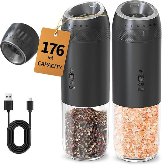 CIRCLE JOY Gravity Electric Salt and Pepper Grinder Set Rechargeable Automatic Pepper Mills with External Adjustable Coarseness, 176ml Large Capacity, Bright LED Light by CIRCLEJOY