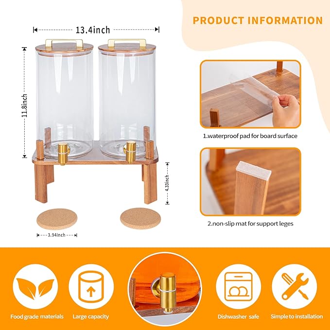 2 PACK 1.5 Gallon Glass Beverage Dispenser with Wooden Lid, Drink Dispenser with Wooden Stand, Lemonade Dispenser with Stainless Steel Leak-Proof Spigot for Parties, Weddings - Image 4
