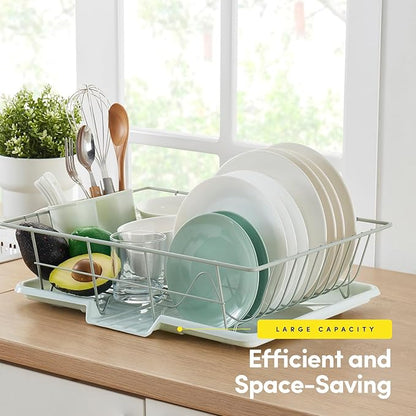 Sweet Home Collection Space-Saving 3-Piece Dish Drainer Rack Set: Efficient Kitchen Organizer for Quick Drying and Storage - Includes Cutlery Holder and Drainboard - Maximize Countertop Space, Mint - Image 3
