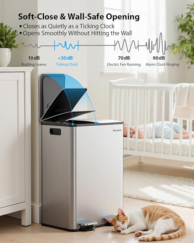 Lovewind Kitchen Trash Can, 2 x 8 Gallon (2 x 30 L) Stainless Steel Trash and Recycle Bin Combo with Soft-Close Lid, Dual Compartment Recycling Kitchen Step Trash Bin, Silver - Image 4