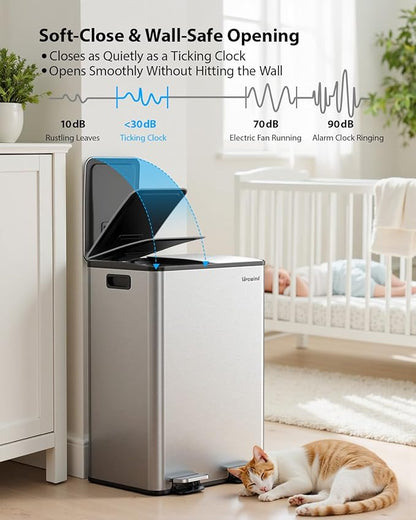 Lovewind Kitchen Trash Can, 2 x 8 Gallon (2 x 30 L) Stainless Steel Trash and Recycle Bin Combo with Soft-Close Lid, Dual Compartment Recycling Kitchen Step Trash Bin, Silver - Image 4