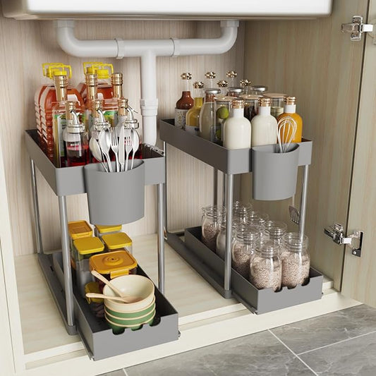2 Pack Under Sink Organizers and Storage, 2-Tier Sliding Cabinet Organizer Drawer for Bathroom and Kitchen – Multi-Purpose Cabinet Organizer with Easy Pull-Out Design (Grey) by Unknown