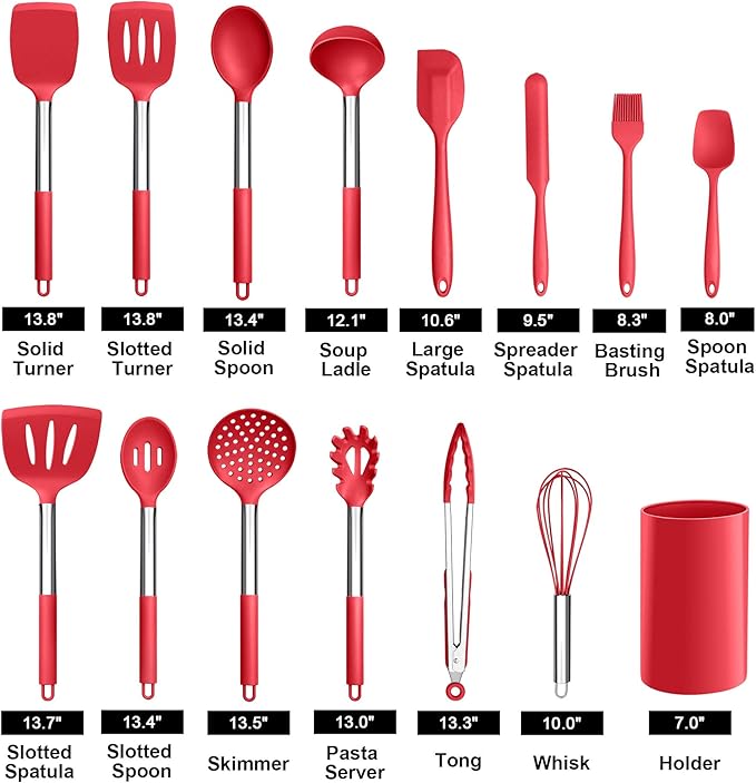 LIANYU 15-Piece Cooking Kitchen Utensils Set with Holder, Silicone Kitchen Tools Stainless Steel Handle, Slotted Spatula Spoon Turner Tong Whisk Brush for Cooking, Red - Image 2