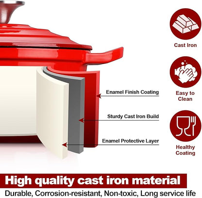 HaSteeL 2 QT Cast Iron Saucepan, Mini Enamel Dutch Oven with Lid, Small Non Stick Pan for Milk, Pasta Tomato Sauce, Butter, Breakfast, Soup, Suitable for Boiling Stewing Frying, Easy to Clean, Red