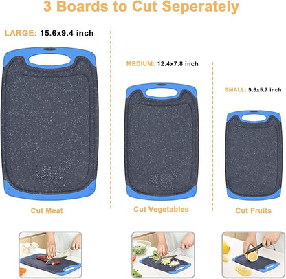 Viretang Non Slip Cutting Board, 3 Pieces Dishwasher Safe Cutting Boards with Juice Grooves, Easy Grip Handle, Non-Slip, with Grinding Area for Grinding Garlic and Ginger（blue） - Image 3
