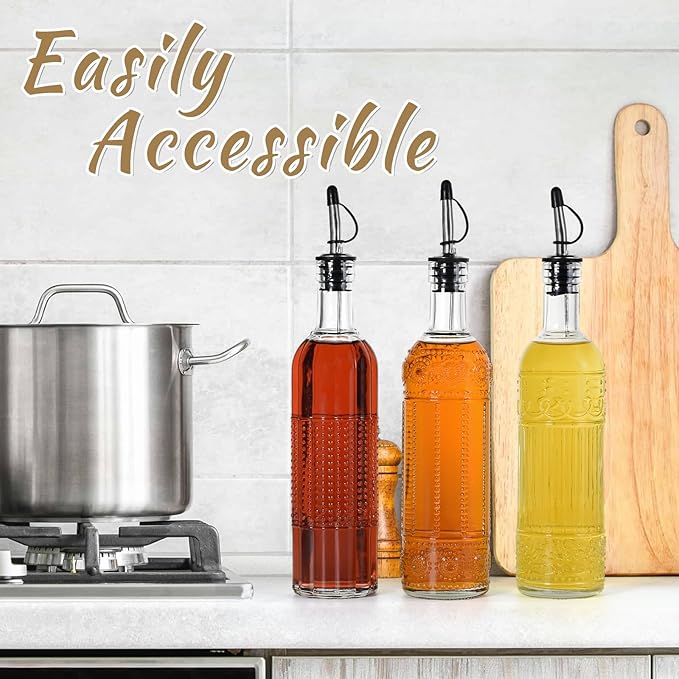 3-Pack Glass Oil Dispensers 500ML/17OZ, Oil and Vinegar Bottles Set with Stainless Steel Pourers, Brush, Funnel, Seal Caps (Round)