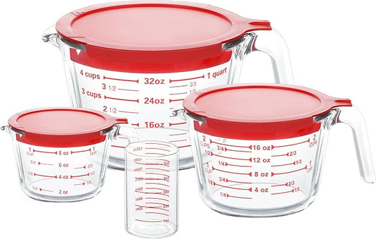 KOMUEE 4 Piece Glass Measuring Cups Set, 5 Oz, 1-Cup, 2-Cup, 4-Cup Liquid Measuring Cups with Lids for Kitchen, Freezer and Microwave Safe by KOMUEEUS