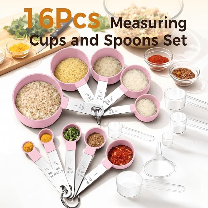 16PCS Measuring Cups and Spoons Set, Measuring Spoon Set with Metric and US Measurements, Fits for Measuring Dry and Liquid (Pink) - Image 2