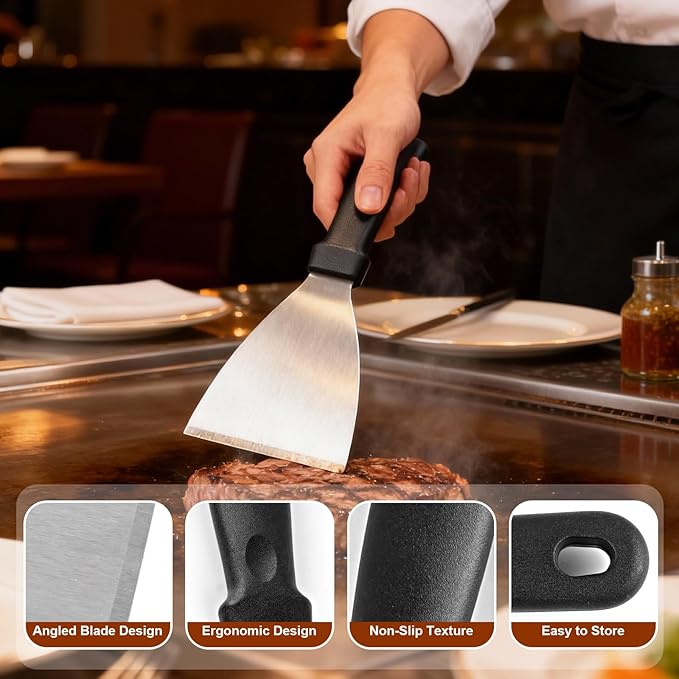 Griddle Scraper，Stainless Steel Grill Scraper,Slant Edge Metal Spatula for Teppanyaki Flat Top BBQ,Grill Cooking,Frying Steak Pork Chop Chicken Chop,Dishwasher Safe - Image 3
