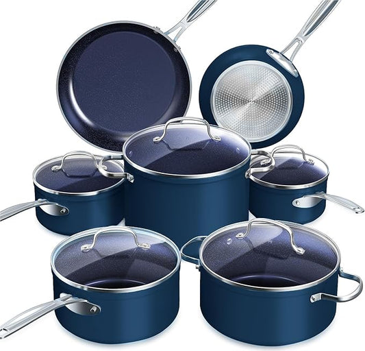 Nuwave Healthy Duralon Blue Ceramic Nonstick 12pc Cookware Set,Diamond Infused Scratch-Resistant,PFAS Free,Dishwasher & Oven Safe,Induction Ready & Evenly Heats, Tempered Glass Lids, Stay-Cool Handles by NuWave