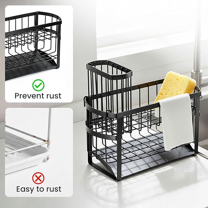 Kitchen Sink Organizer Caddy, 2 Tier Sink Caddy Organizer with High Brush Holder, Rust-Proof Countertop Rack (Black 10.6 * 4.3 * 5.7") for Kitchen Accessories & Dish Brushes - Image 6