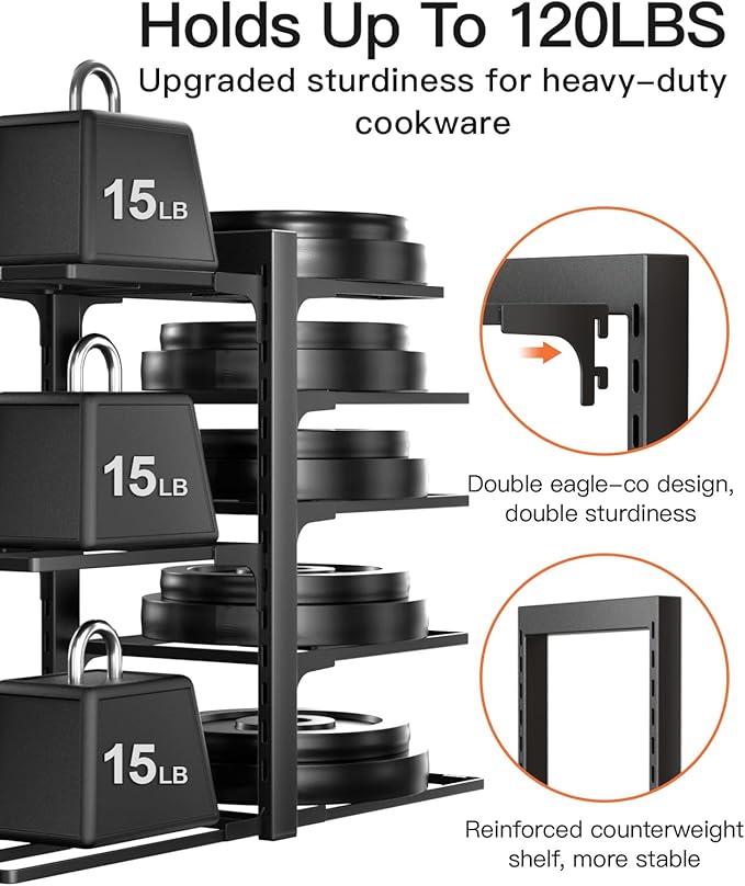 ORDORA Pots and Pans Organizer Rack for Cabinet, 15.83" Height 8-Tier Heavy Duty 120LBS Pot Pan Organizer under Cabinet Adjustable for Dutch Oven, Cast-iron Pan, Heavy Skillets Griddles, Shallow Pot - Image 5