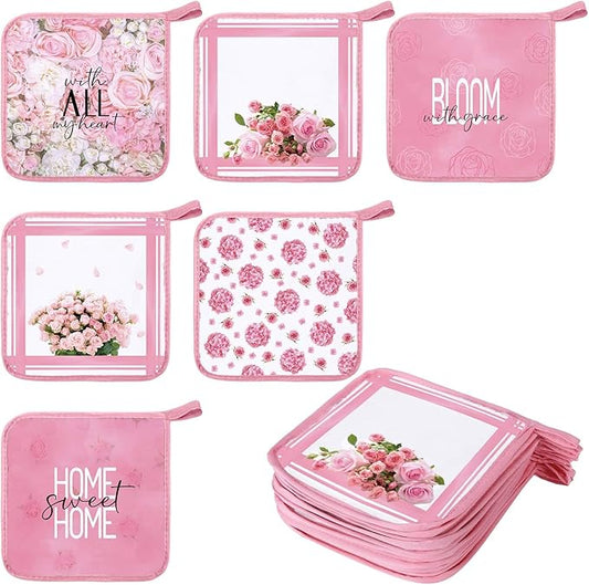 Bencailor 12 Pcs Pot Holders with Pocket Kitchen Hot Potholders Hot Pad Oven Mitts Cookie Bag Oven Gloves for Kitchen Gift Baking Cooking(Pink,Pink Rose)