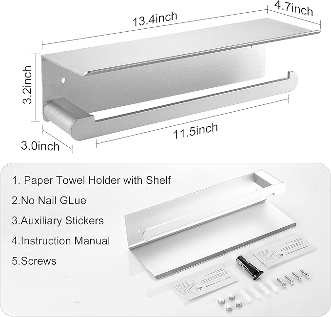 Paper Towel Holder Wall Mount for Kitchen, Self-Adhesive Paper Towel Holder with Shelf for Bathroom, Anti-Rust Aluminum, No Drill or Wall-Mounted with Screws (Silver)