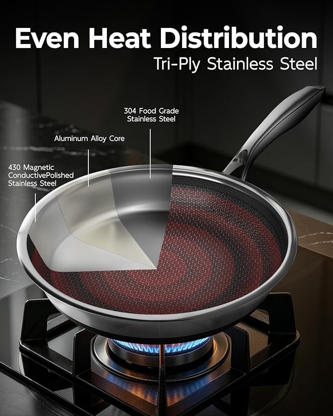 FogDream 10 Inch Nonstick Frying Pan with Lid, Honeycomb Hybrid Stainless Steel Skillet, Tri-Ply Induction Compatible, Non Toxic Frying Pan, Oven Safe, Dishwasher Safe, Silver - Image 2