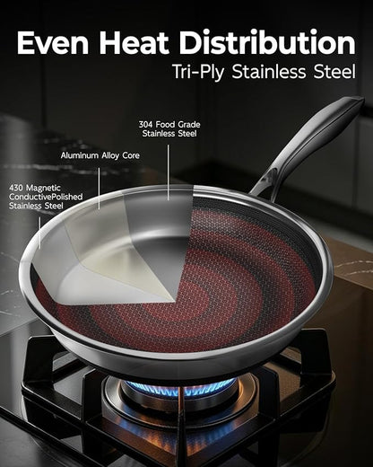 FogDream 12 Inch Nonstick Frying Pan with Lid, Honeycomb Hybrid Stainless Steel Skillet, Tri-Ply Induction Compatible, Non Toxic Frying Pan, Oven Safe, Dishwasher Safe, Silver - Image 4