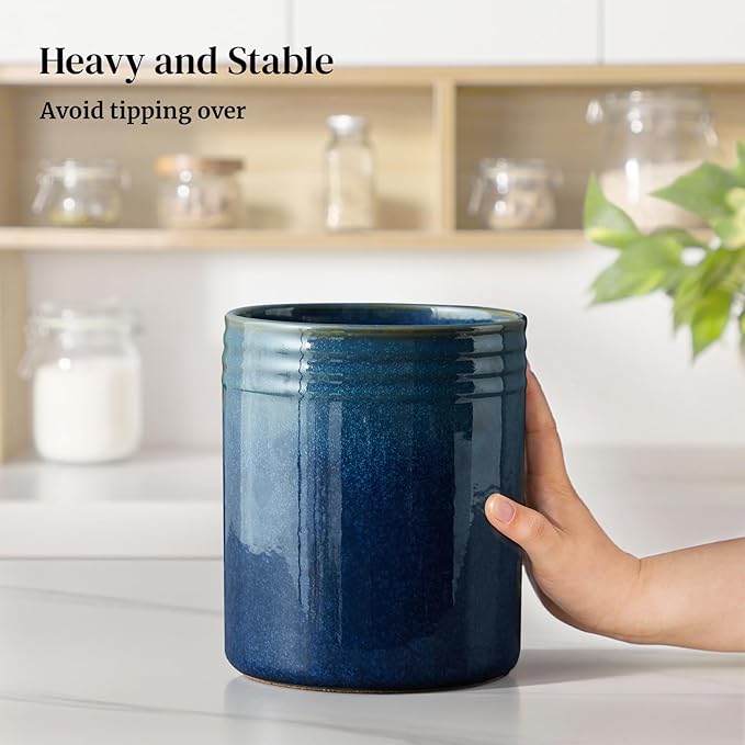 DOWAN 7.2" Kitchen Utensil Holder, Extra Large Farmhouse Utensil Holders for Countertop, Ceramic Utensil Crock, Anti Slip Cork Bottom - Image 6