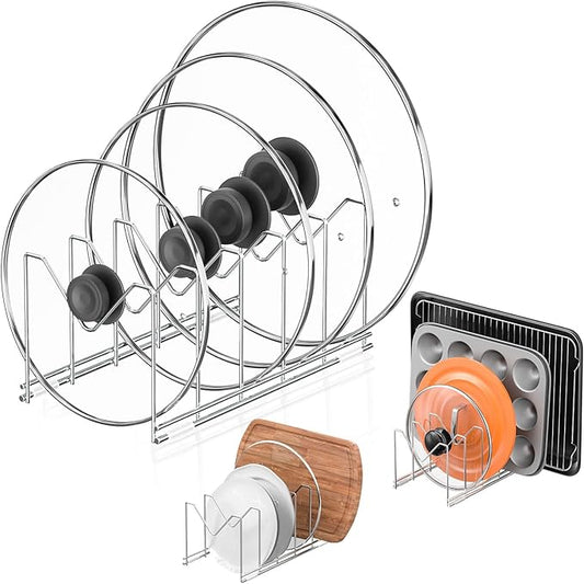 HzTinT 3 Pack Pot Lid Organizer for Cabinet, Stainless Steel Pot Lid Rack with Anti-slip Pad, Lid Holder for Pans Pots, Bakeware, Plates, Cookie Sheets, Trays, Dish, Cutting Boards, Silver by HzTinT