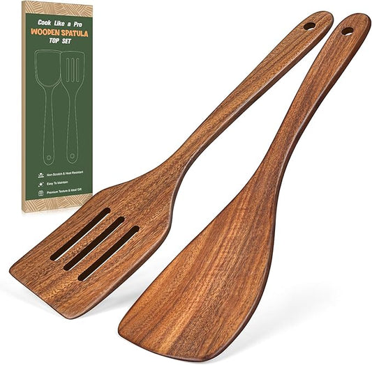2Pcs Wooden Spatula, Acacia Wooden Spatula for Kitchen Use, Nonstick Cookware Safe Utensils Set including Turner and Slotted Turner, Ideal Cooking Utensils Gift Set for Cooking, Frying, Baking by Unknown